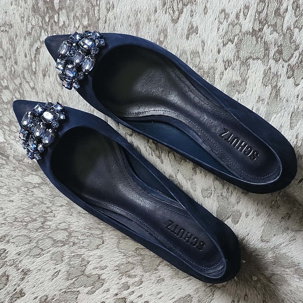 Schutz Navy Blue 100% Leather & Jewel Embellishment Flats Sz38